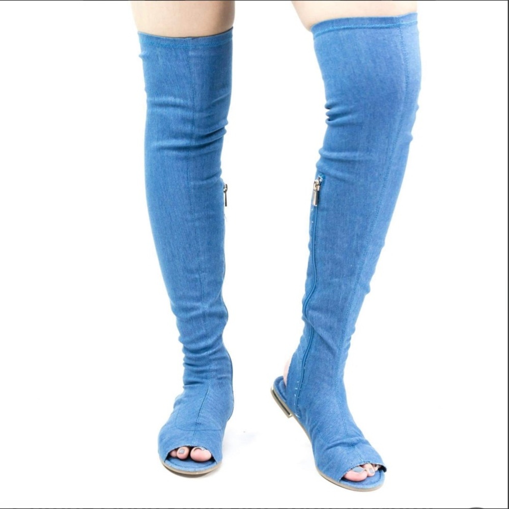 Bamboo Open Knee Flat Boots w Metal Stripe, Open Toe & Heel. Elastic Back -7 1/2